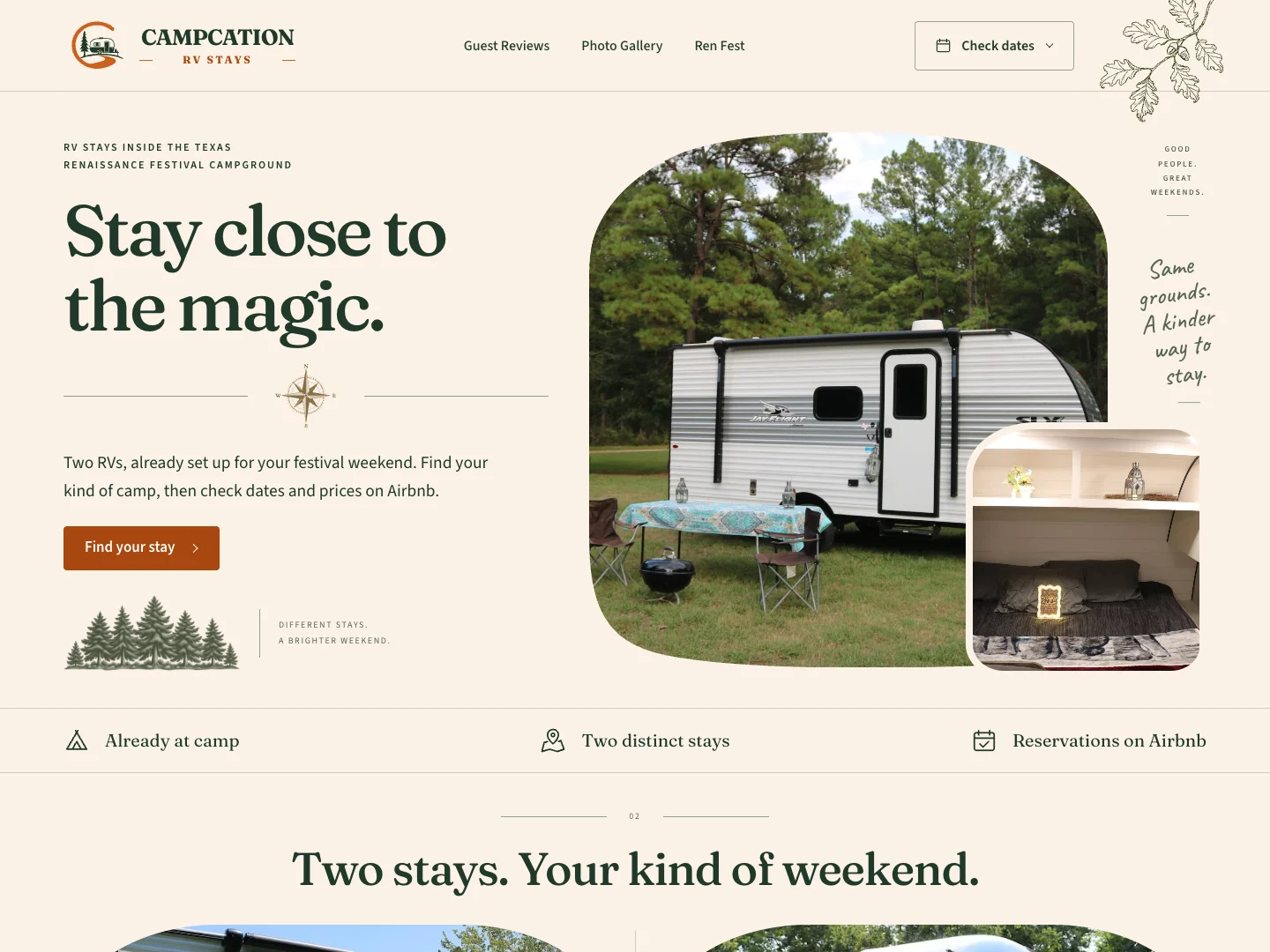 Campcation’s website with forest-green type, cream backgrounds and photographs of the RV stays.