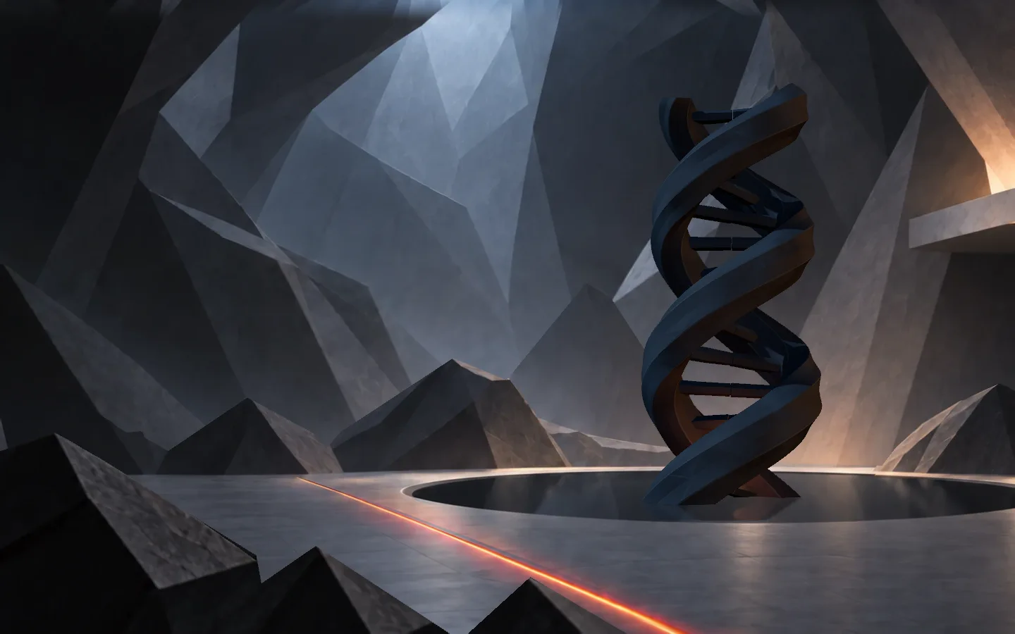 A faceted stone double helix rises from a pool in a stone chamber.