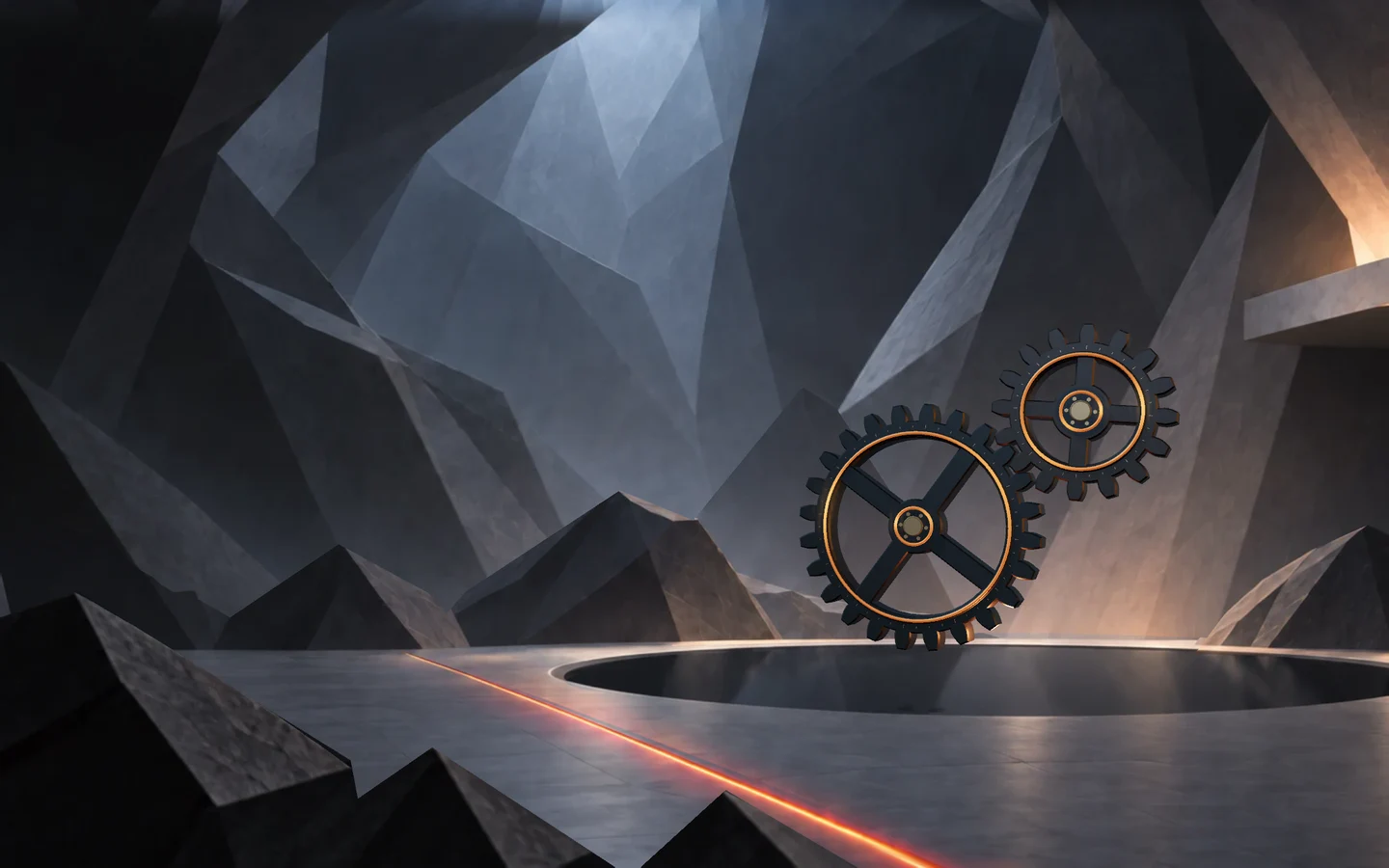 Two meshing dark metal gears with glowing copper rings hover above the pool.