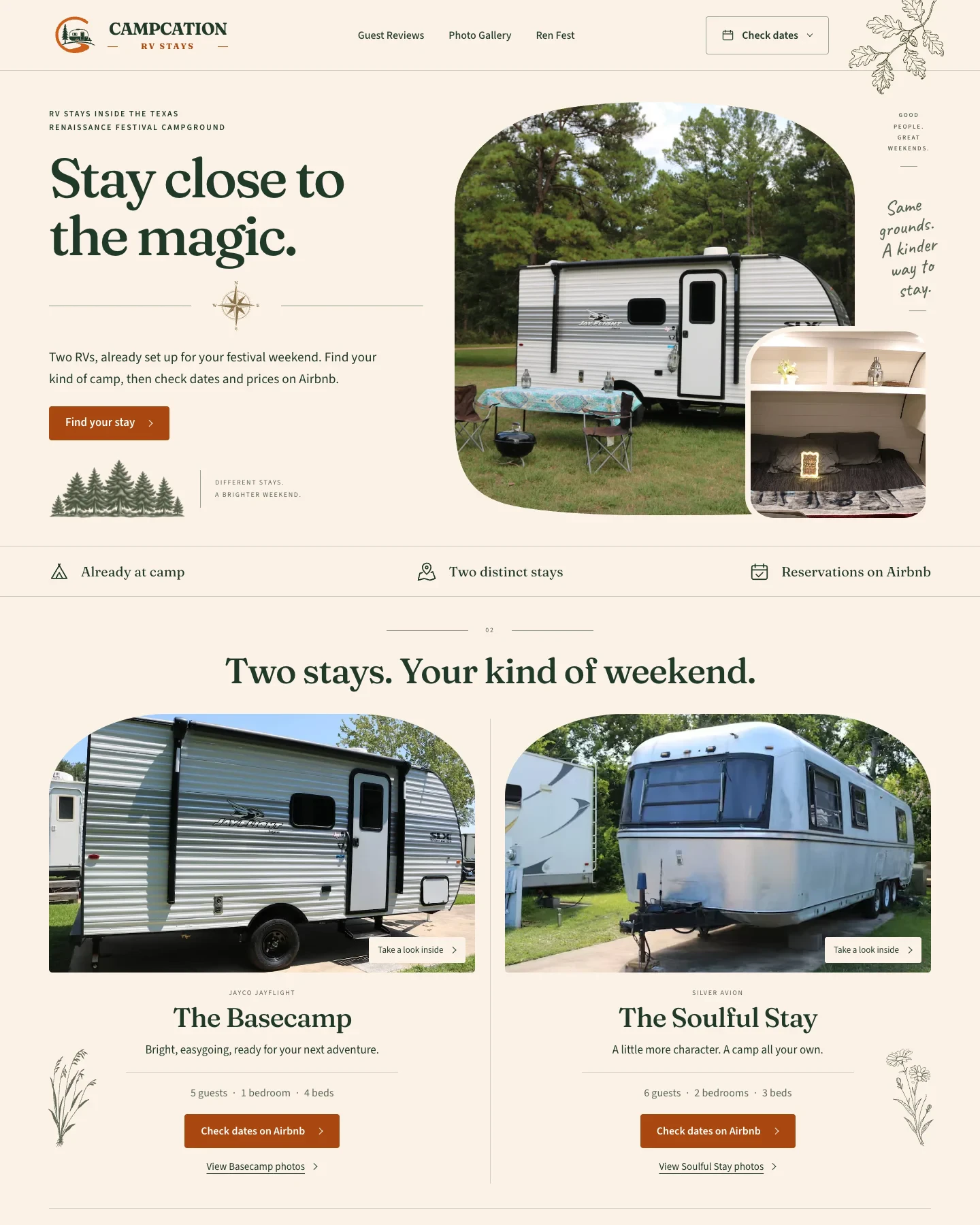 Delivered Campcation homepage, featuring stay photography, botanical illustrations and booking choices