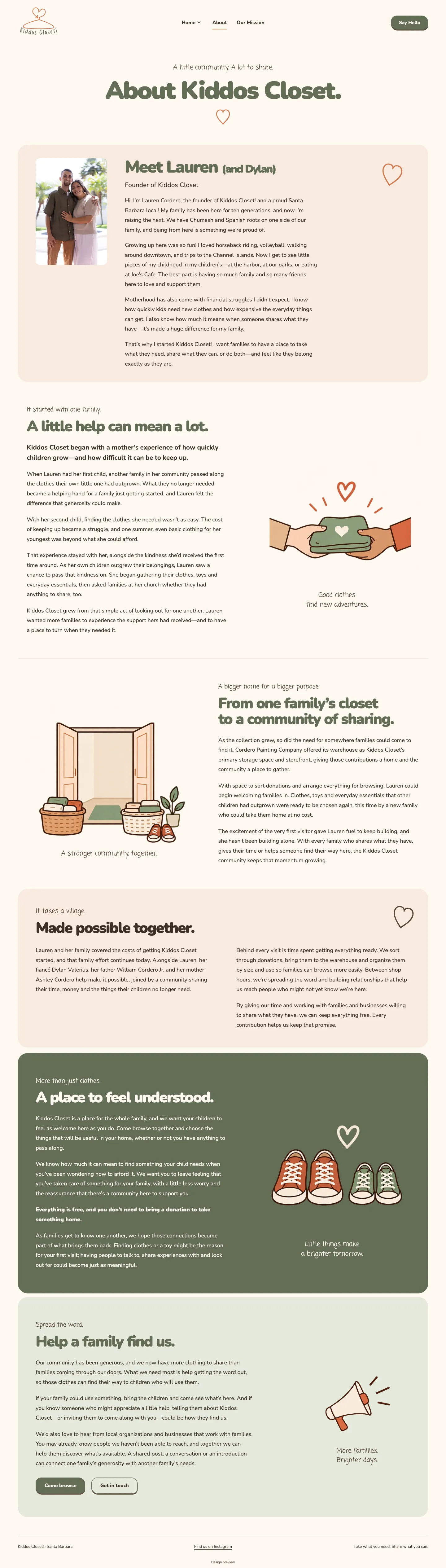 Kiddos Closet About page with Lauren and Dylan’s portrait, founder introduction and community story